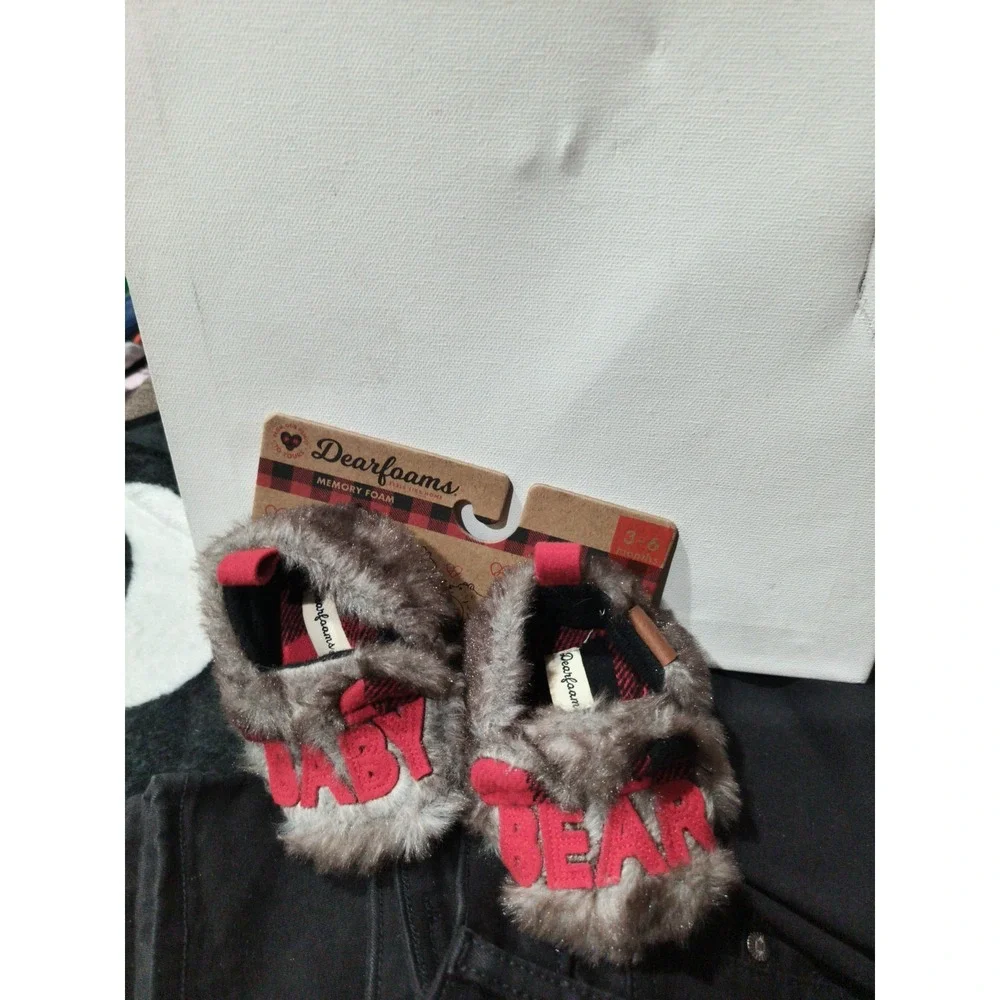 Baby Dearfoams BABY BEAR Applique Brown Faux Fur Fuzzy Slippers 3-6 Months